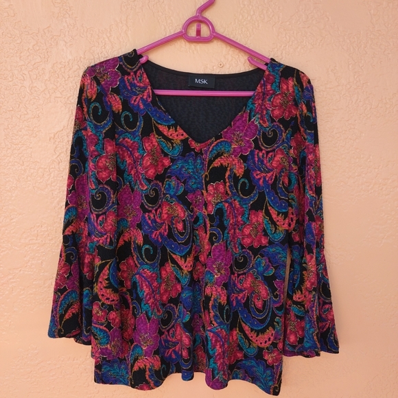 MSK Colorful Multi-Color Paisley Blouse Size L w/ Bell Sleeves - Picture 10 of 10